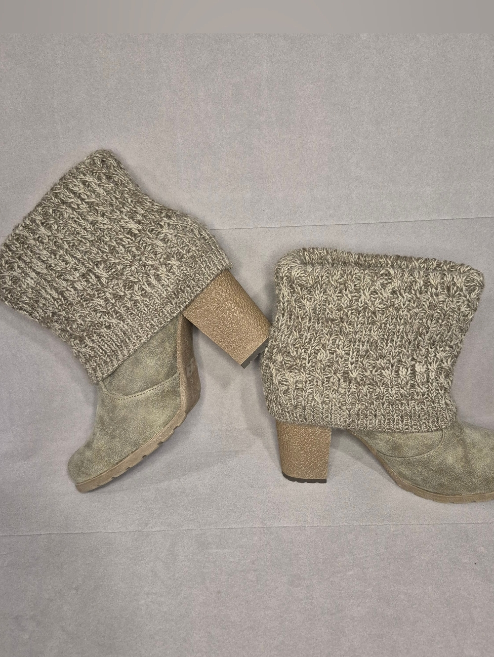 Muk Luks Knit Fold-Over Block Heel Boots in Taupe